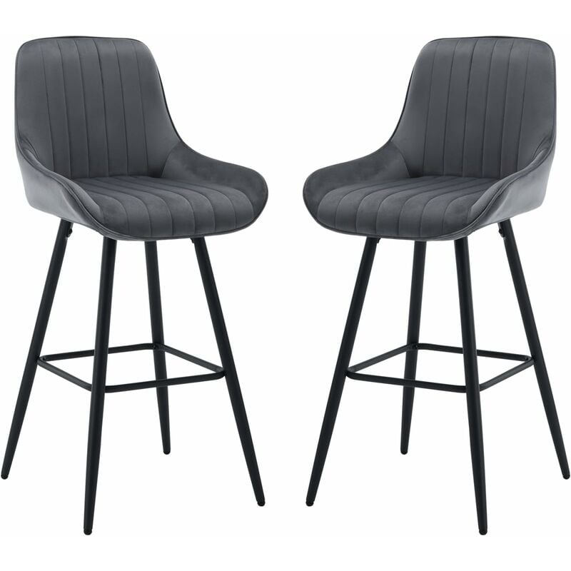 Woltu - Lot de 2 Tabourets de Bar Hauts avec Dossier Chaise Moderne avec Repose-Pieds, Siège en Velours, Pieds en Métal, Gris foncé