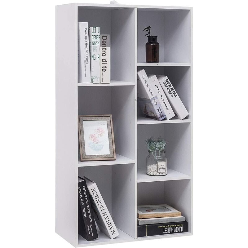 7 Cube Wooden Bookcase Shelving Storage Display Shelves Wood Unit Baskets White - Woltu