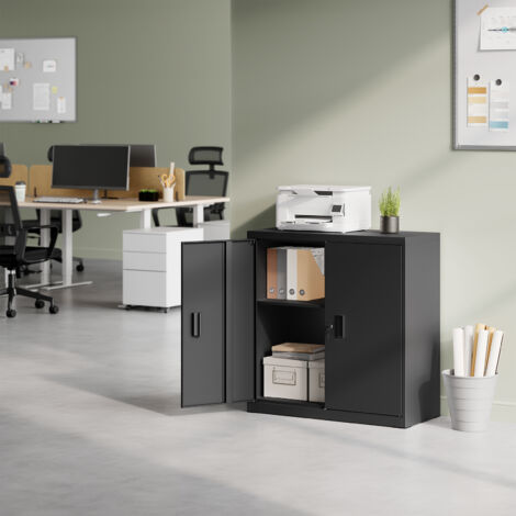 WOLTU Aktenschrank Büroschrank, Lagerschrank abschließbar, Ordnerschrankmit höhenverstellbarem Einlegboden, Metallschrank mit Schloss, Mehrzweckschrank, 90x92.5x40 cm, Schwarz