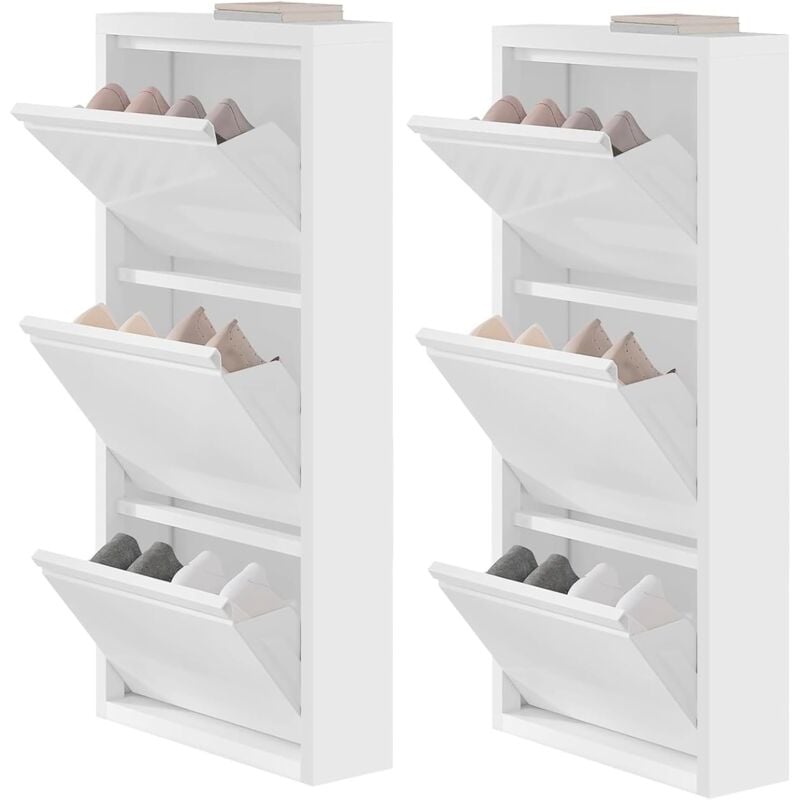 Lot de 2 Armoire Chaussure, avec 3 Étagères Chaussure, Meuble Chaussure en Métal, 3 Portes Abattantes, Rangement Chaussure, Blanc - Woltu