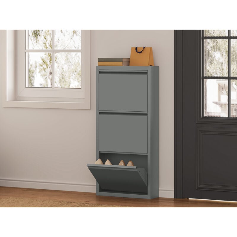 Meuble à Chaussures Woltu pour 9 Paires, Meuble d'Entrée Étroit en Métal, Porte Abattante, 3 Compartiments, Gris Clair, 50x15x106 cm