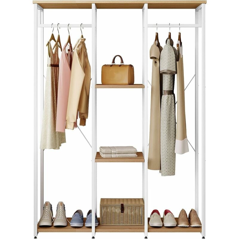 Armoire de rangement WOLTU, Porte-manteau, Portant à vêtements avec étagère en bois et acier, 120 x 40 x 167cm, Blanc + chêne clair