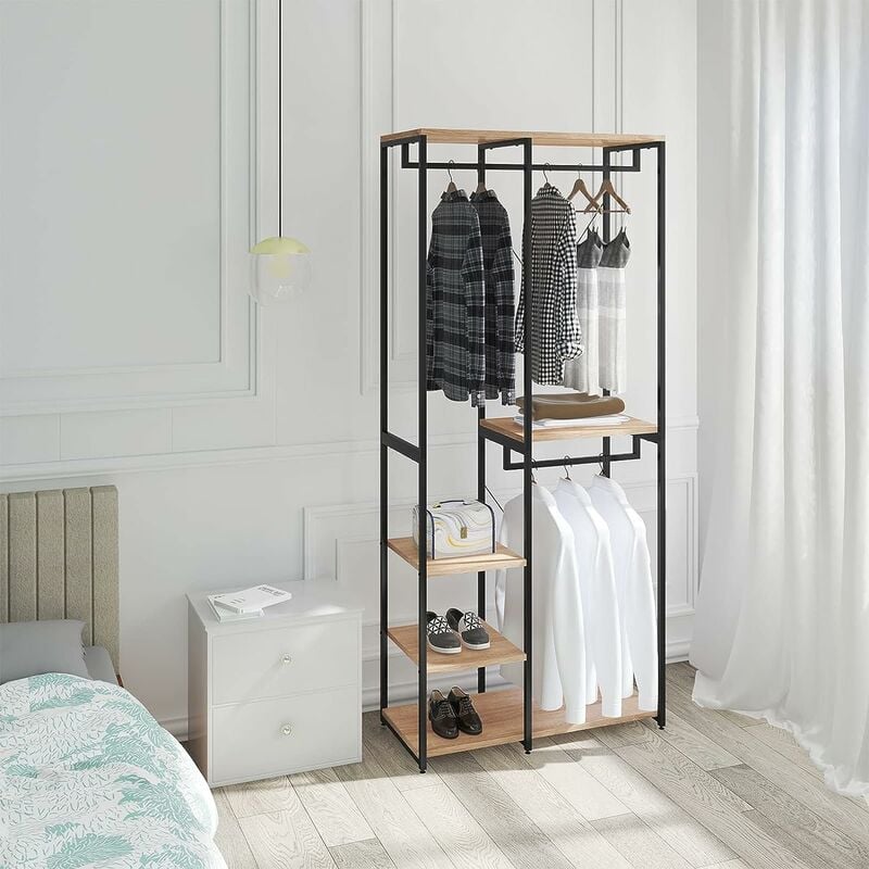 Armoire de rangement, Étagère à vêtements, Portant à vêtements en métal et bois, 90x40x204, 5cm, Noir+chêne clair - Woltu