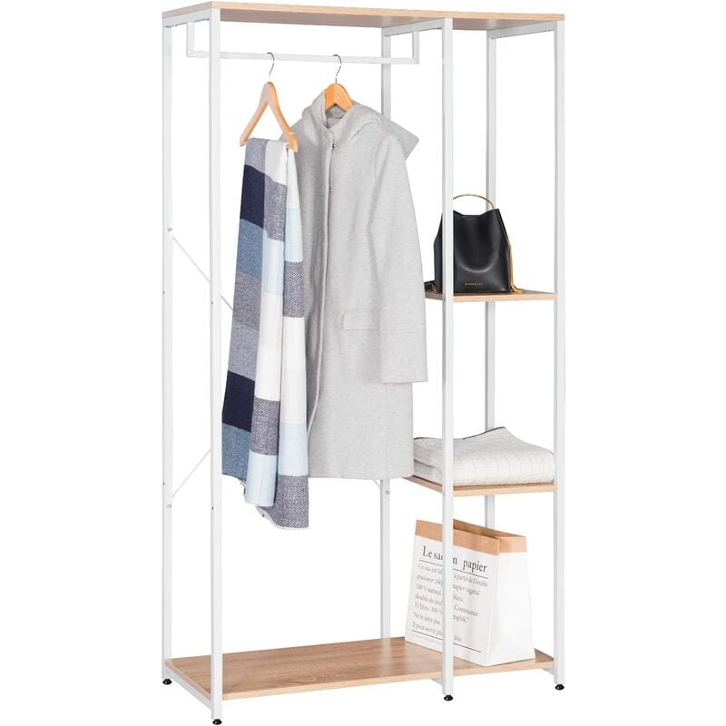 WOLTU Armoire de rangement, Portant à vêtements avec étagère, Porte-chaussures en bois et acier, 90 x 40 x 167cm, Blanc+chêne clair