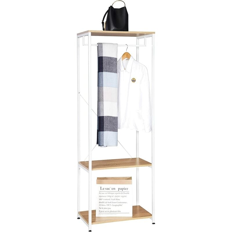 Armoire de rangement WOLTU, Étagère à vêtements, Portant à vêtements en métal et bois, 60 x 40 x 167 cm, Blanc+chêne clair