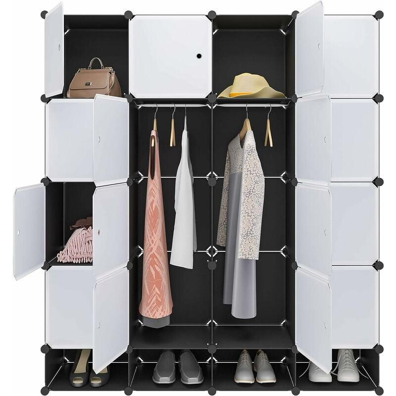 Woltu - Armoire plastique Penderie pour le stockage de vêtements/jouets/livres, Étagère de rangement diy, 14 cubes, Noir Blanc