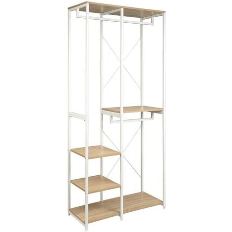 WOLTU Attaccapanni Stand Appendiabiti con Scaffali Legno Metallo 90x40x204.5cm Bianco + Rovere Chiaro