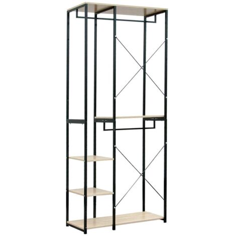 WOLTU Attaccapanni Stand Appendiabiti con Scaffali Legno Metallo 90x40x204.5cm Nero + Rovere Chiaro