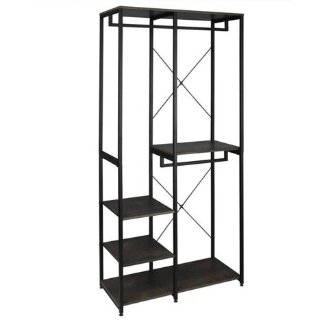 WOLTU Attaccapanni Stand Appendiabiti con Scaffali Legno Metallo 90x40x204.5cm Nero + Rovere Scuro