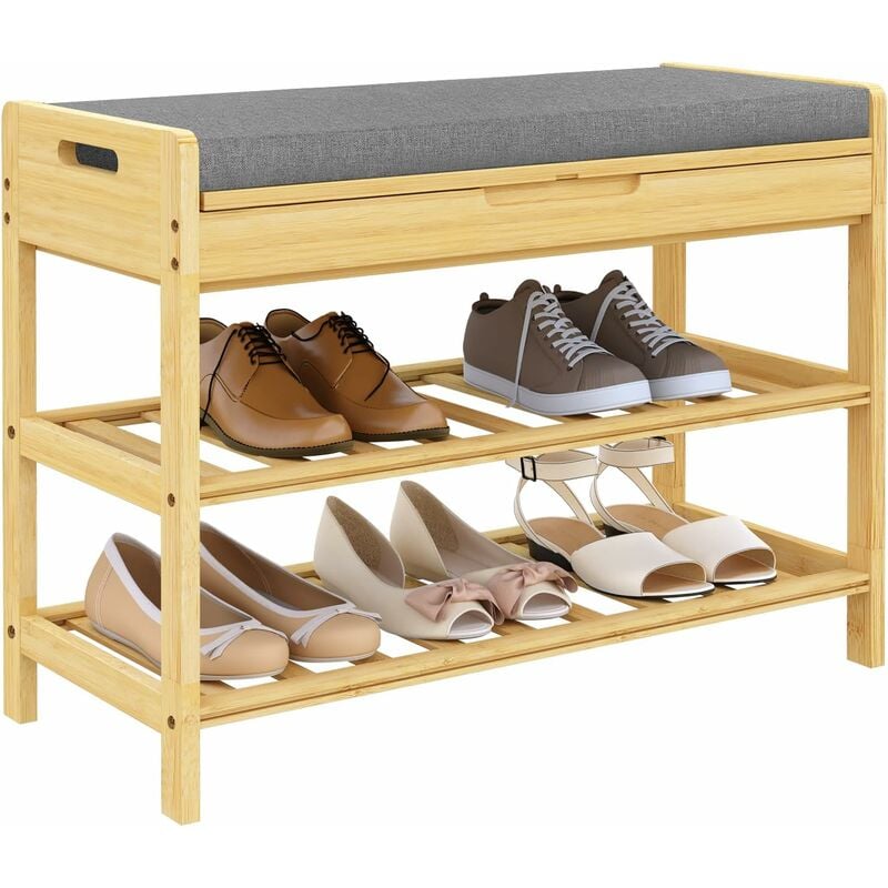 Banc à Chaussures 68x30x50cm en Bambou, Étagère pour Chaussures à 2 Niveaux avec Siège Rembourré Rabattable, pour Chaussures dans Couloir, Chambre à