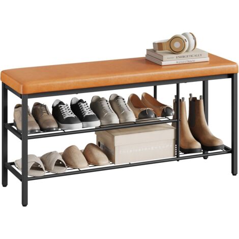 WOLTU Banc Chaussures Entrée, Siège Rembourré, Banc de Rangement, en Similicuir et Métal, 100x30x50 cm, Marron