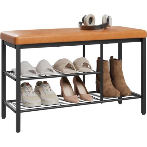 WOLTU Banc Chaussures Entrée, Siège Rembourré, Banc de Rangement, en Similicuir et Métal, 80x30x50 cm, Marron