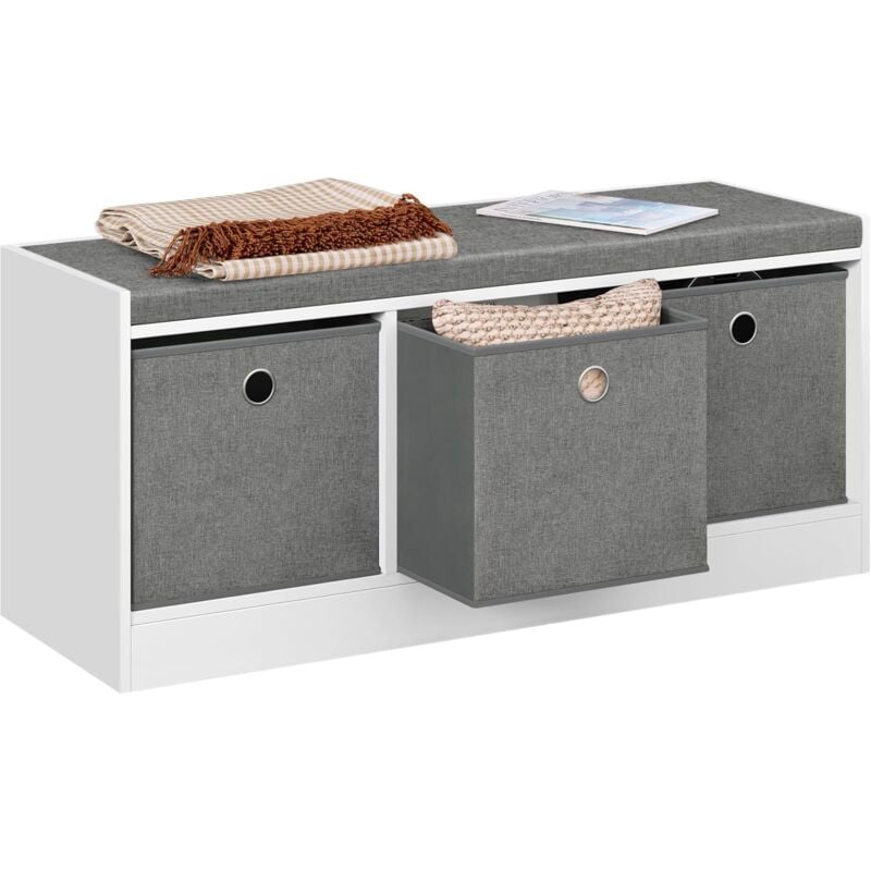 Woltu - Banc de Rangement, Coffre de Rangement, Banc Entrée avec 3 Tiroirs en Tissu Amovibles, Banquette Coffre, Blanc+Gris