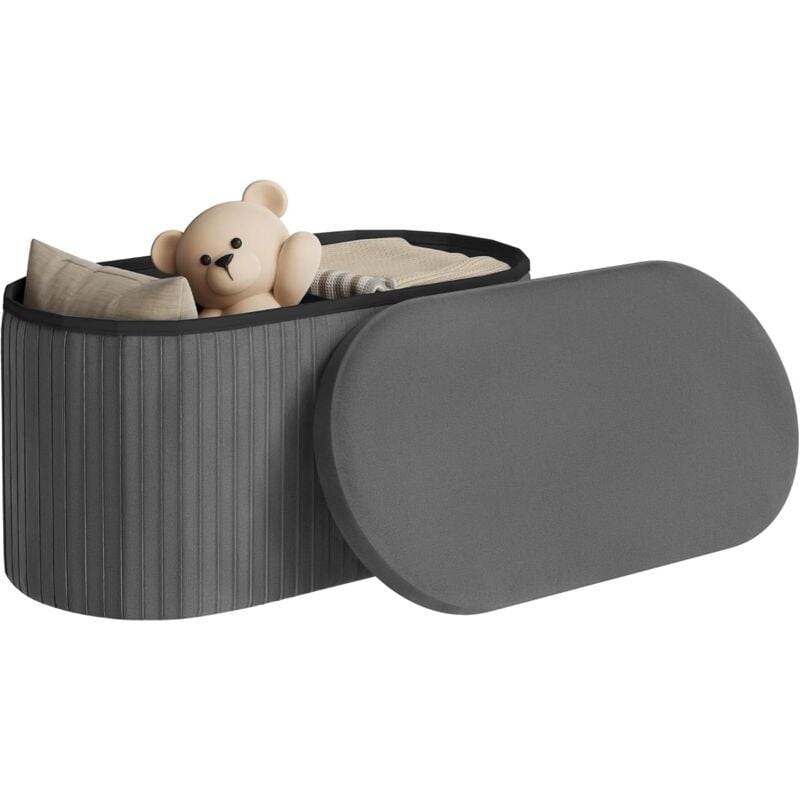 Banc de Rangement Woltu en Velours, Ovale, Banc Coffre de Rangement de 76L, Tabouret Pouf Pliable, Couvercle Amovible, 76x38x38 cm, Gris Foncé