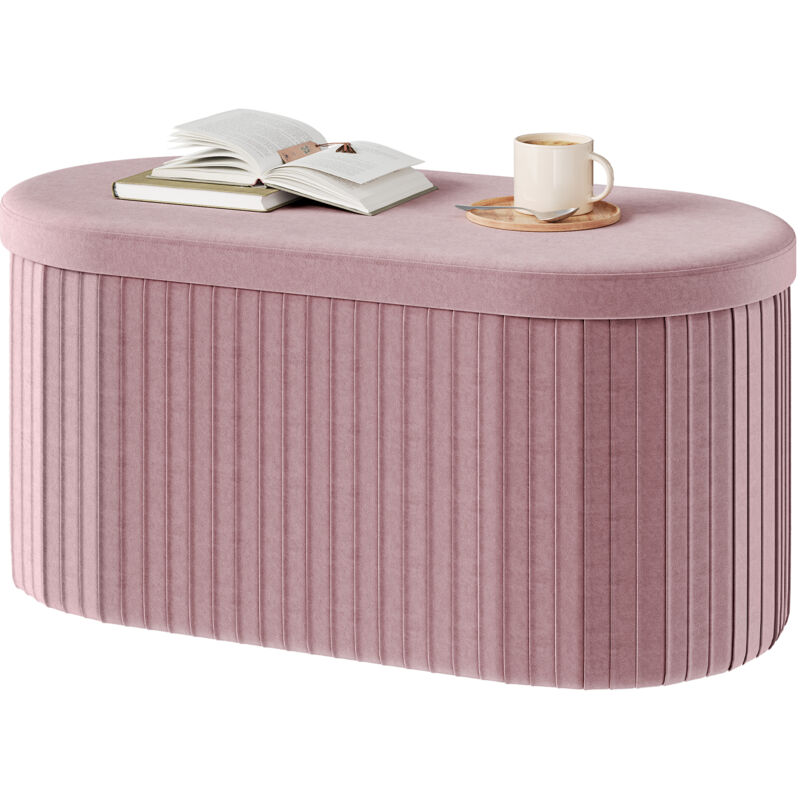 Banc de Rangement Woltu en Velours,Tabouret Pouf Pliable, Ottoman Coffre de Rangement de 76L, Ovale, Couvercle Amovible, 76x38x38 cm, Rose Clair