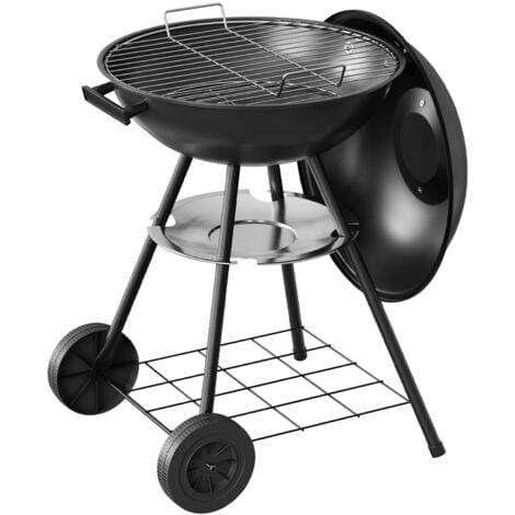COSTWAY Barbecue Charbon Avec Fumoir Déporté - 115x65x108 Cm - Table Latérale - Roues - Noir
