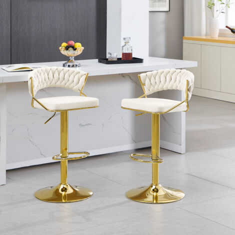 WOLTU Barhocker 2er Set, Barstühle höhenverstellbar, 360° Drehstuhl, Küchenhocker mit geflochtener Rückenlehne Fußstütze, Tresenhocker aus Samt und Metall, Creme