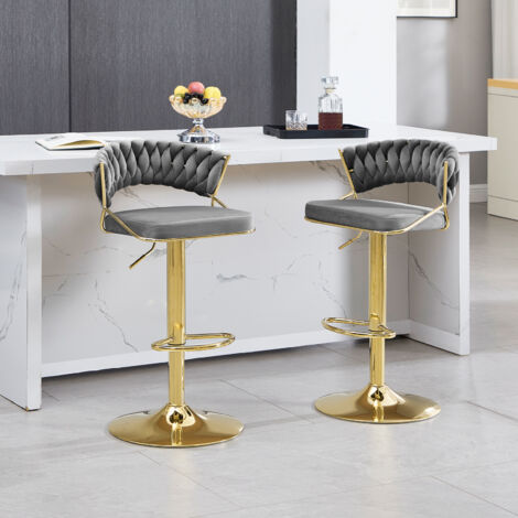 WOLTU Barhocker 2er Set, Barstühle höhenverstellbar, 360° Drehstuhl, Küchenhocker mit geflochtener Rückenlehne Fußstütze, Tresenhocker aus Samt und Metall, Dunkelgrau