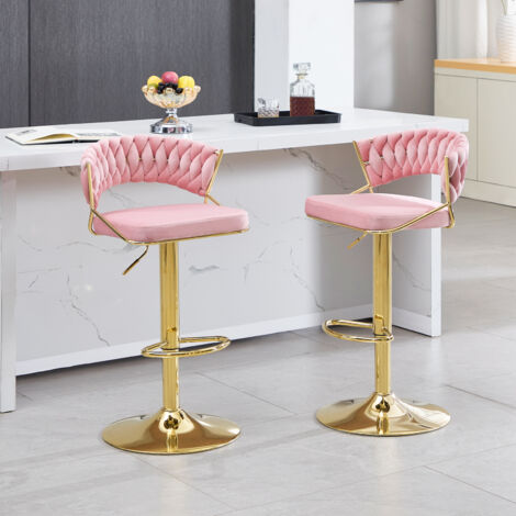 WOLTU Barhocker 2er Set, Barstühle höhenverstellbar, 360° Drehstuhl, Küchenhocker mit geflochtener Rückenlehne Fußstütze, Tresenhocker aus Samt und Metall, Rosa
