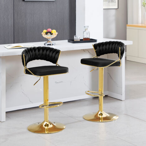 WOLTU Barhocker 2er Set, Barstühle höhenverstellbar, 360° Drehstuhl, Küchenhocker mit geflochtener Rückenlehne Fußstütze, Tresenhocker aus Samt und Metall, Schwarz