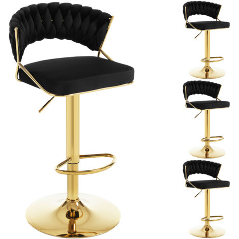WOLTU Barhocker 4er Set, Barstühle höhenverstellbar, 360° Drehstuhl, Küchenhocker mit geflochtener Rückenlehne Fußstütze, Tresenhocker aus Samt und Metall, Schwarz