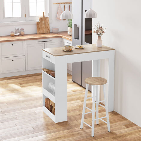 WOLTU Bartisch Bistrotisch Stehtisch mit 1 Schublade 3 Ablagen, Tresentisch Küchentisch mit Weinregal, für Wohnzimmer, Esszimmer und Küche, 100x50x100cm, Helle Eiche+Weiß