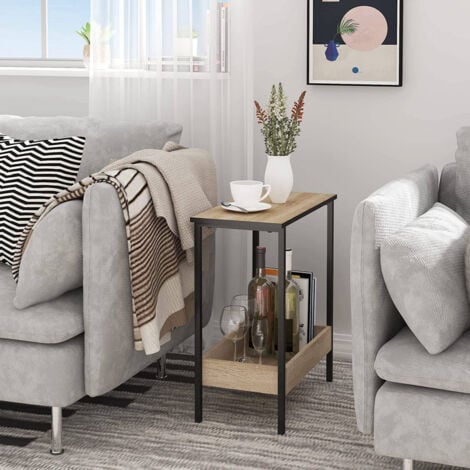 WOLTU Beistelltisch, Couchtisch mit 2 Ablagen, Konsolentisch mit Stauraum im Wohnzimmer, Wohnzimmertisch aus Metall Holzwerkstoff, Kleiner Sofatisch Schwarz helle Eiche, 50x55x25 cm