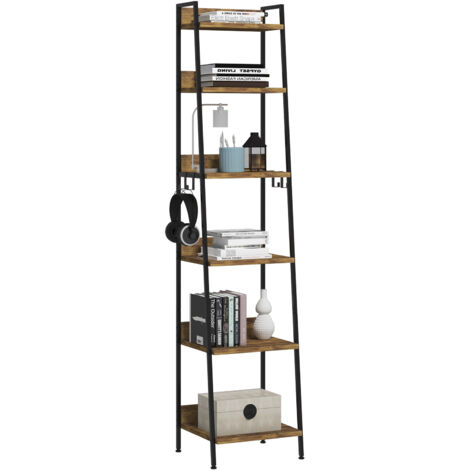 Woltu – Bibliothèque 6 niveaux 41x36x187cm – MDF et métal chêne foncé et noir – 4 crochets amovibles – Capacité 15kg par niveau