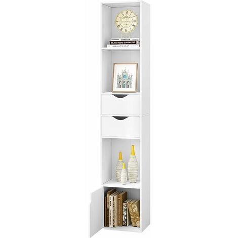 Woltu – Bibliothèque colonne 158 cm avec 3 compartiments ouverts – 2 tiroirs – Panneaux mélaminés – Charge maximale 40 kg – Blanc