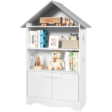 Woltu – Bibliothèque enfants en bois – Étagère à jouets avec porte verrouillable – 3 étagères – MDF E1 écologique – Dimensions 62x27.5x115 cm – Blanc et gris