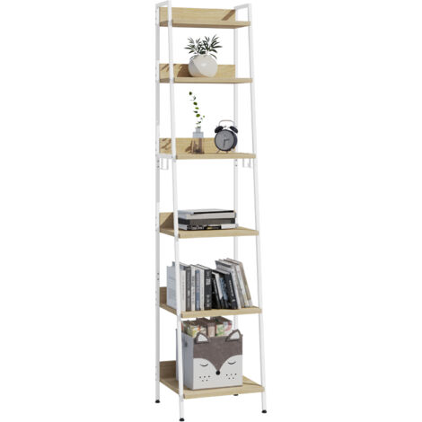 Woltu – Bibliothèque 6 niveaux 41x36x187cm – MDF et métal – Chêne clair et blanc – 4 crochets amovibles – Capacité 15kg par niveau