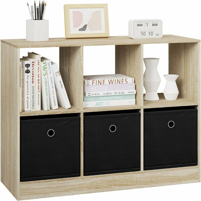 Woltu - Bibliothèque 80x30x60cm Meuble de Rangement, Étagère Rangement en Bois d'Ingénierie, 3 Tiroirs en Tissu, Chêne Clair
