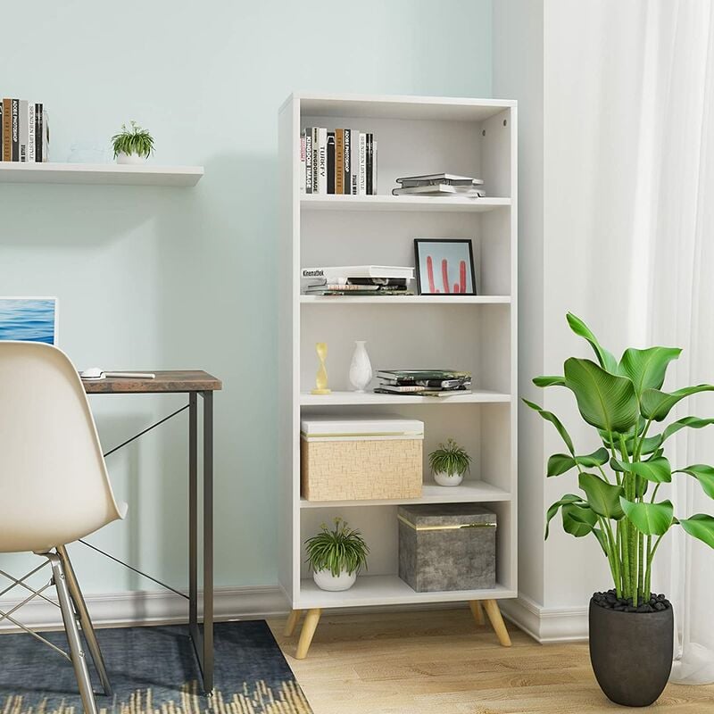 Woltu - Bibliothèque Meuble de Rangement Étagère de Rangement avec Pieds en Bois et 5 Compartiments, Blanc,60x24x144cm