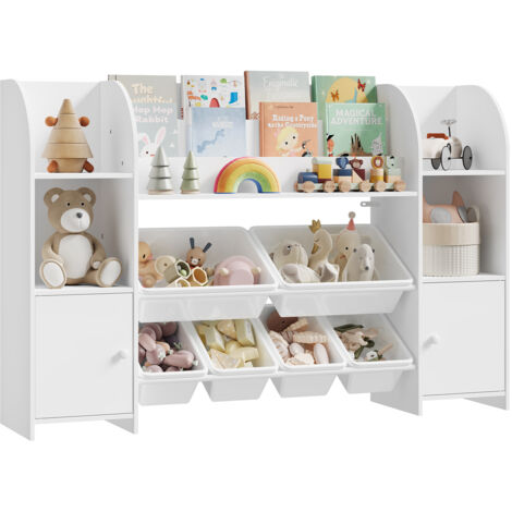 WOLTU Bibliothèque pour Enfants, en Bois Ingénierie, Étagère de Rangement avec Bacs Plastiques, 135,8x29,8x90 cm, Blanc