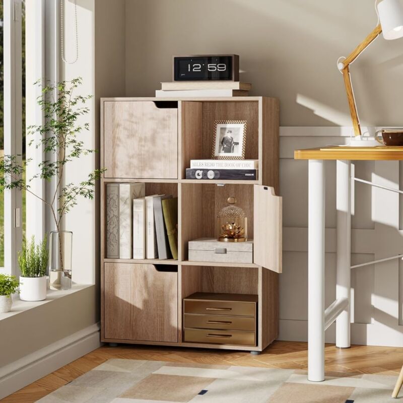 Bibliothèque armoire Woltu Etagère de rangement en mdf, Meuble de rangement avec 6 compartiments, 60x30x91 cm, chêne clair