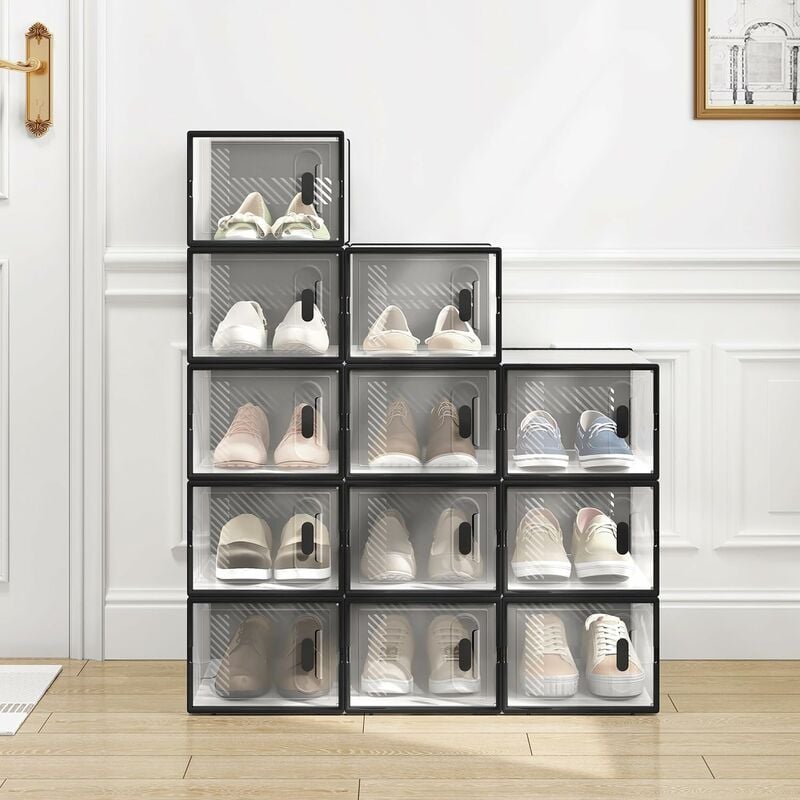 WOLTU Boîte à Chaussure Lot de 12, Meuble Rangement Chaussure Transparente, Empilable, avec Couvercle Frontal,