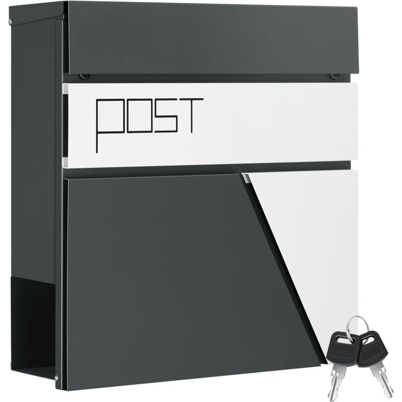 Boîte aux Lettres Murale en Métal, 37x10, 5x37cm, avec Porte-journaux, Couvercle, Serrure et Clé, Aspect Moderne, Montage Facile, Anthracite+Balnc