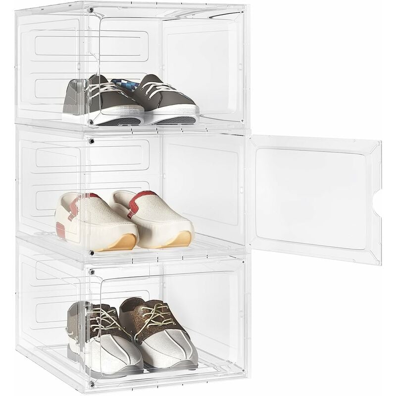 Boîtes à Chaussures Lot de 3, Unités de Rangement avec Portes, en pp+abs, Empilable, Transparent - Woltu