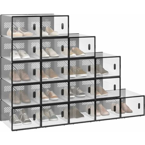 Woltu – Boîtes à chaussures transparentes empilables – Lot de 18 – Dimensions 35x25x19 cm – Capacité 20 kg – Rangement optimisé
