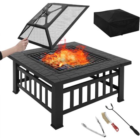 WOLTU Brasero Exterior Cuadrado para Jardﾨﾪn y Terraza Pozo de Fuego Metﾨﾢlico con Cubierta de Malla y Atizador 3 en 1 para Barbacoa Calefacciﾨﾮn y Enfriar Bebidas 81x81x46 cm Negro CPZ8141sz