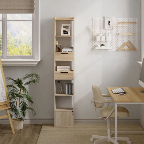 WOLTU Bücherregal mit 6 Ablagen 2 Schubladen 1 Tür Standregal Bücherschrank Büroregal Aufbewahrungsregal aus Holzwerkstoff für Wohnzimmer Schlafzimmer Büro, Helle Eiche