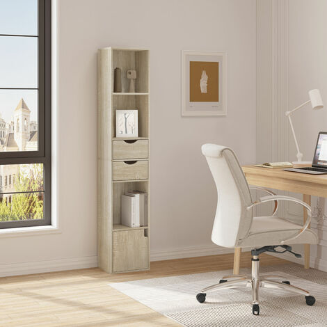 WOLTU Bücherregal mit Schubladen Regal Bücherschrank Standregal Aufbewahrungsregal mit Tür Büroregal für Wohnzimmer Schalfzimmer 30x157.5x24cm, Hell Eiche