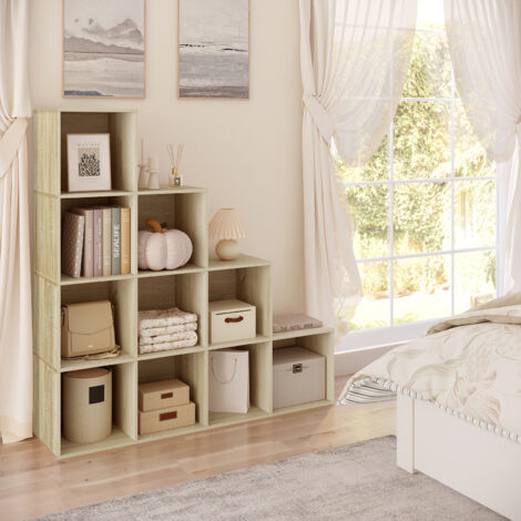 WOLTU Bücherregal Standregal, Würfelregal Treppenregal mit 10 Fächern, freistehendes Stufenregal für Wohnzimmer, Schlafzimmer, Büro, 120x120x30 cm, Helle Eiche