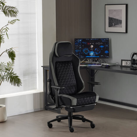 WOLTU Bürostuhl ergonomisch, Gaming Stuhl mit adaptiver Lendenwirbelstütze, hochdichtem Formschaum, Fußstütze Armlehnen, Samtbezug Metallrahmen, 150kg belastbar, Schwarz+Grau