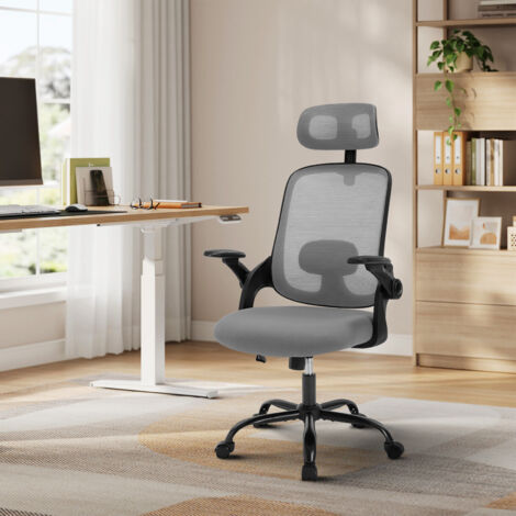 WOLTU Bürostuhl Ergonomisch, Schreibtischstuhl mit Verstellbarer Kopfstütze, Armlehnen, Lendenwirbelstütze, Drehstuhl Höhenverstellbar, Wippfunktion, 150 kg belastbar, Netzstoff, Grau