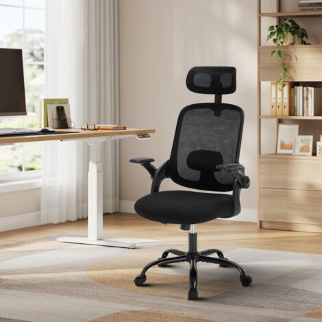 WOLTU Bürostuhl Ergonomisch, Schreibtischstuhl mit Verstellbarer Kopfstütze, Armlehnen, Lendenwirbelstütze, Drehstuhl Höhenverstellbar, Wippfunktion, 150 kg belastbar, Netzstoff, Schwarz