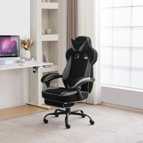 WOLTU Bürostuhl Gaming Stuhl mit Taschenfederkissen Ergonomischer Gaming Chair mit Fußstütze, breiter Sitz Bürostuhl 150 kg belastbar Computerstuhl, 360 Grad Drehbar, Mesh-Gewebe, Schwarz+Grau