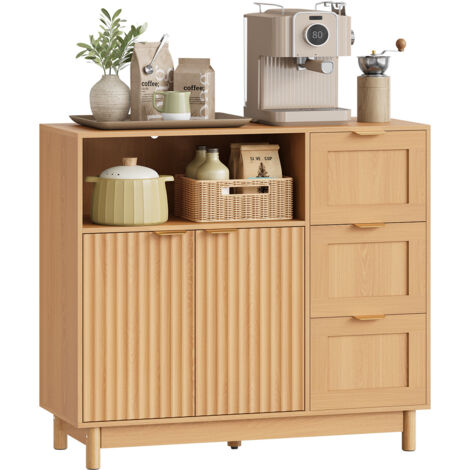 WOLTU Buffet Cuisine, Meuble de Rangement, Commode avec 3 Tiroirs, 1 Placard, 90x35x80 cm, Chêne