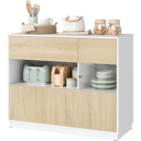 WOLTU Buffet, Meuble de Rangement avec 1 Porte Visible , 1 Tiroir, en Bois d'Ingénierie, 100x40x80 cm, Chêne Clair + Blanc