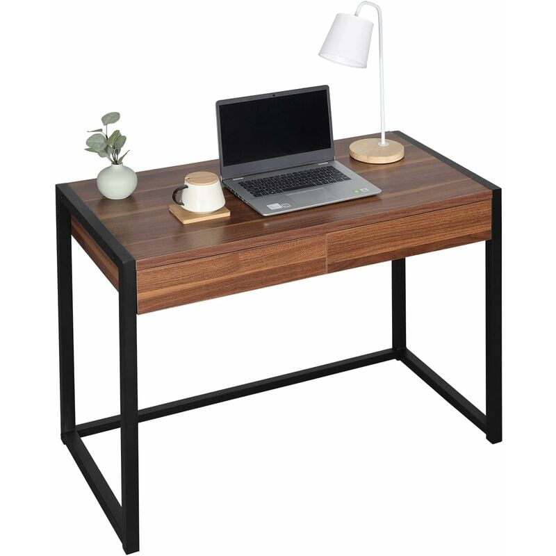 Bureau d'ordinateur avec 2 tiroirs.Table de Bureau en Métal et Bois.Table de Travail.100x50x76cm.Hêtre Foncé - Woltu